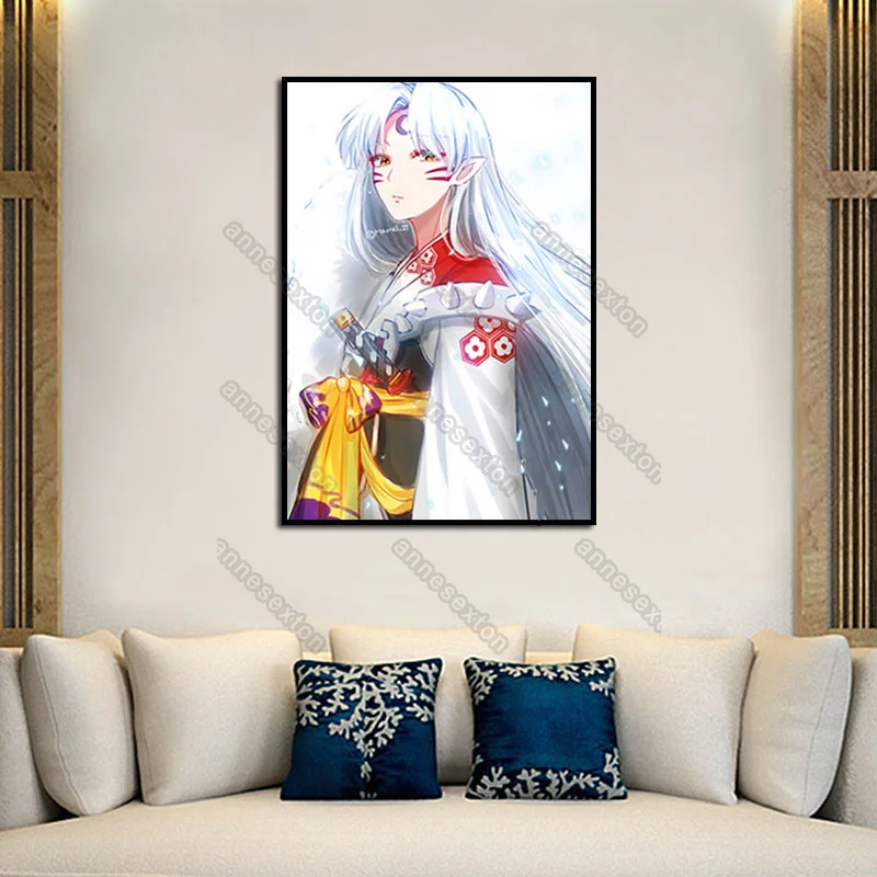 

Canvas Painting Wall Poster Anime Picture Character Inuyasha Sesshoumaru Mamel with White Long Hair for Home Room Wall Decoratio