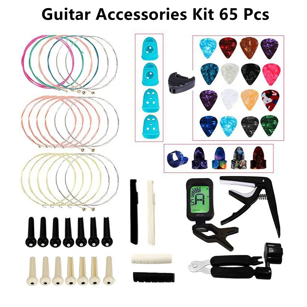 

​Acoustic Guitar Accessories Kit 65 Pcs Guitar Picks Capo Tuner Strings Multi-functional For All Guitars Bass Banjos Mandolins