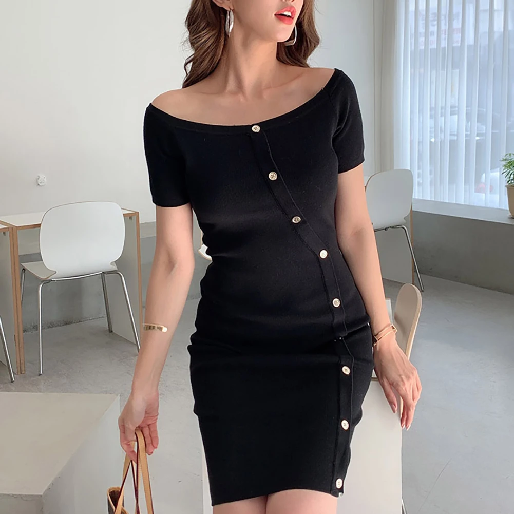 

Women Elegant Knitted Short Sleeve Off Shoulder Waist Tight Bodycon Mini Dress Casual Basic Slim Dress