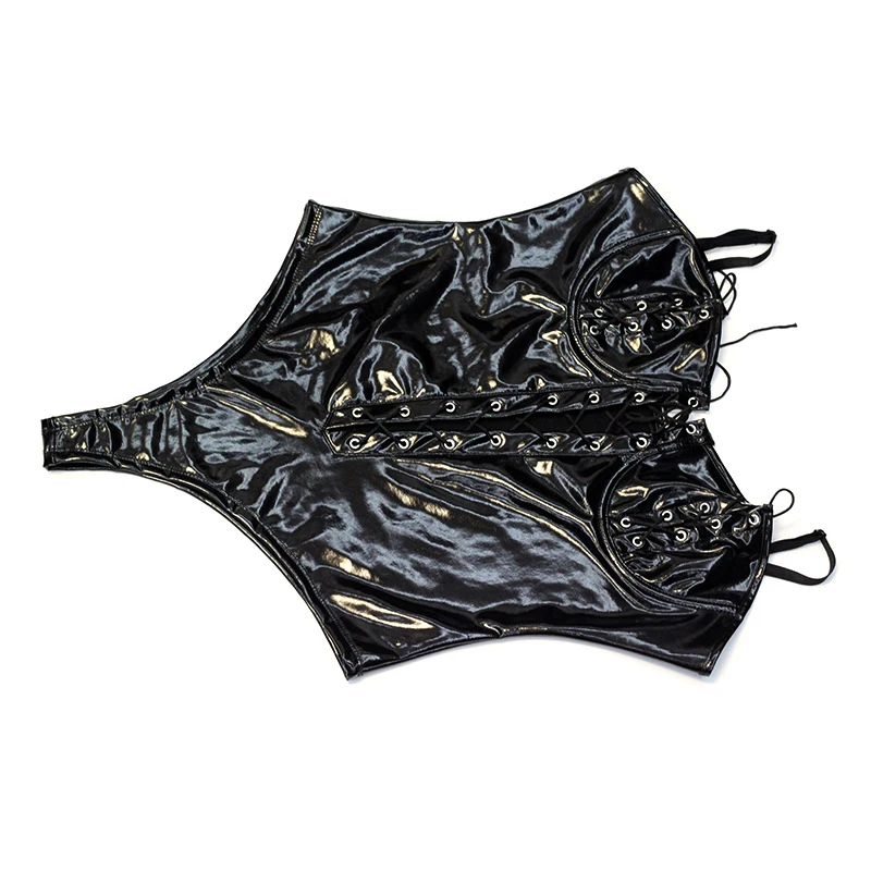 

Wetlook Bodysuit Lingerie Lace Up Open Bust Patent Leather Jumpsuit Spaghetti Straps Strappy Clubwear Vinyl Teddies Body Suit