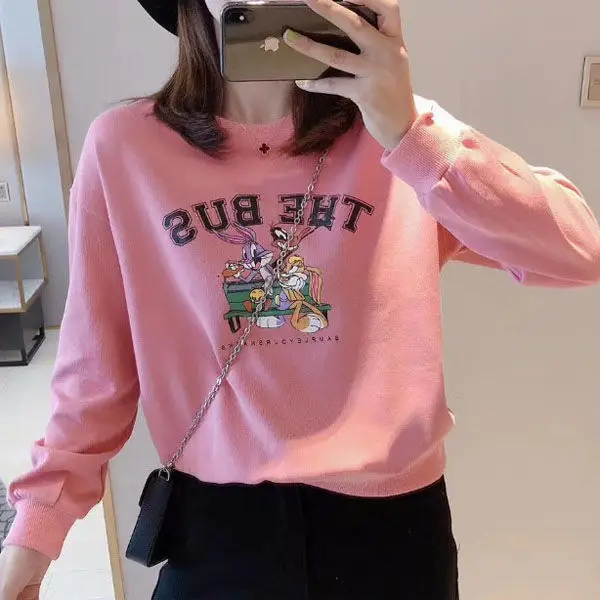 

Cotton Long Sleeve Top Women's 2021 New Spring and Autumn Bright Color Cartoon Pattern Letter Euro American Loose Round Collar S