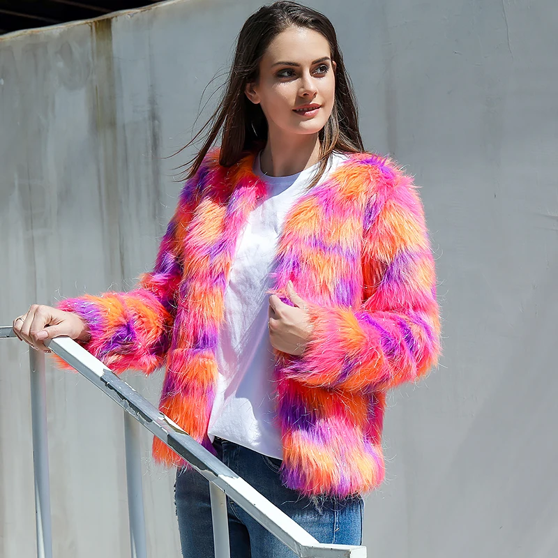 

HStar Winter Gradual Color Warm Coat Vintage Print Female Faux Fur Coat Jackets Casual Street Wear Lady Loose Outwear