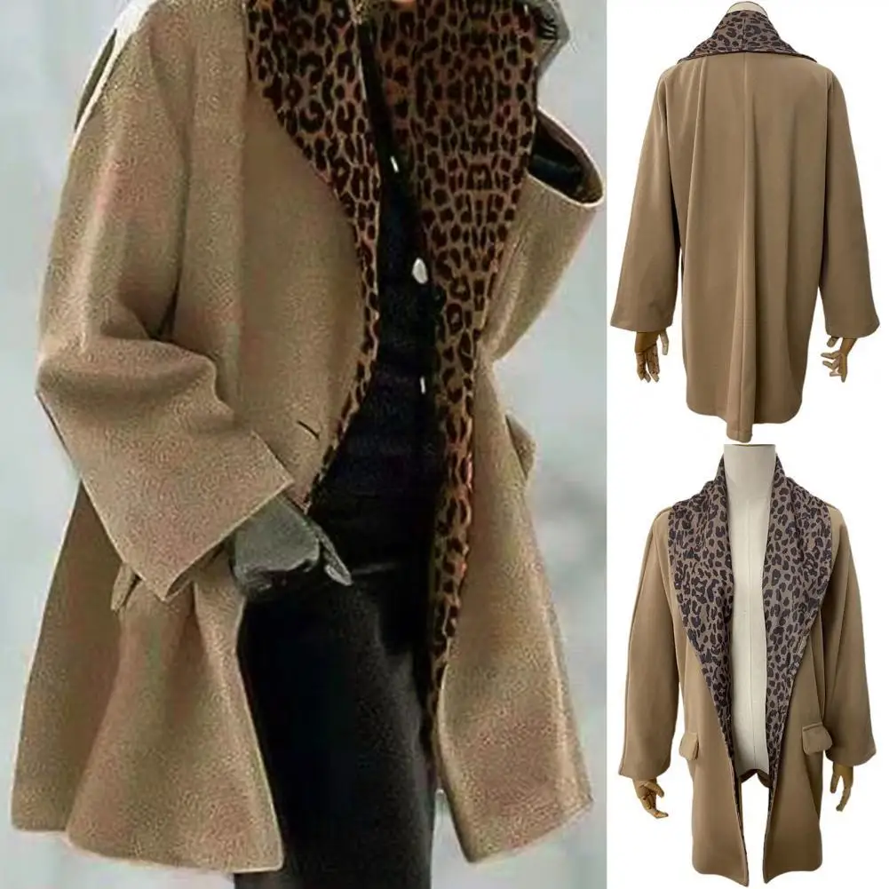 

Leopard Print Lapel Women Coat Single Button Flap Pockets Long Warm Woolen Coat Outerwear Women's Coat Winter/Autumn 2021