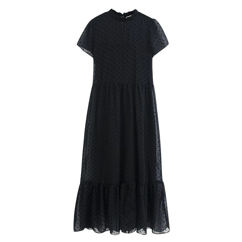 

2020 Fashion Women Dots Black Purple Blue White Dress Short Sleeve Ruffles Collar Elegant Ladies Long Dress For Female
