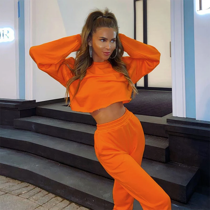 

2PCS/SET Casual Sets Autumn and Winter Women's New O-Neck and Long Sleeves Navel-baring Hoodie High Waist Trouser Casual Suit