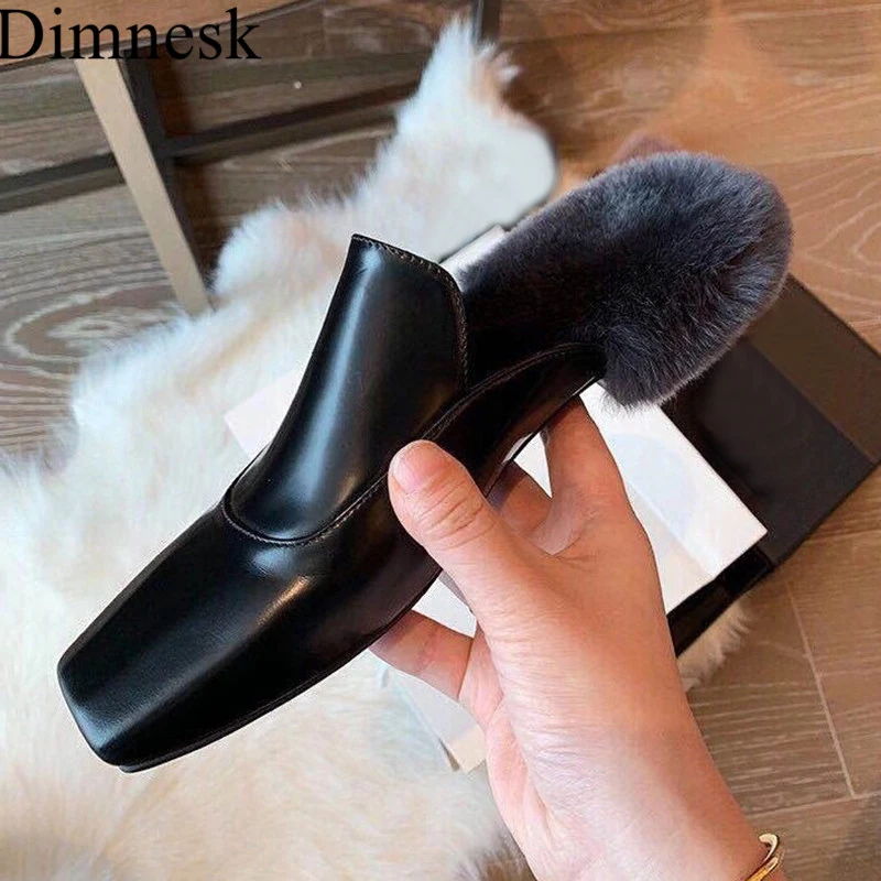 

Square Toe Flat Rex Rabbit Fur Half Slippers Women Soft Patent Leather Furry Shoes Autumn Outdoor Leisure Loafers Lazy Mules