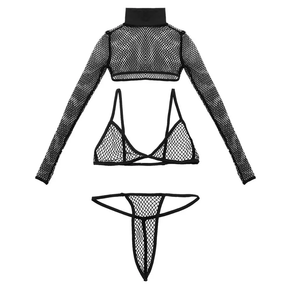 

Women Exotic See Through Fishnet Lingerie Set High Neck Long Sleeves Shrug T-shirt Crop Top with Triangle Bra and G-string thong