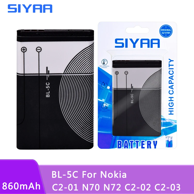 SIYAA мобильного телефона Батарея BL-5C для NOKIA C2-01 N70 N72 C2-02 C2-03 C2-06 X2-01 5130 2610 BL 5C литий-ионный аккумулятор 3,7 V батареи