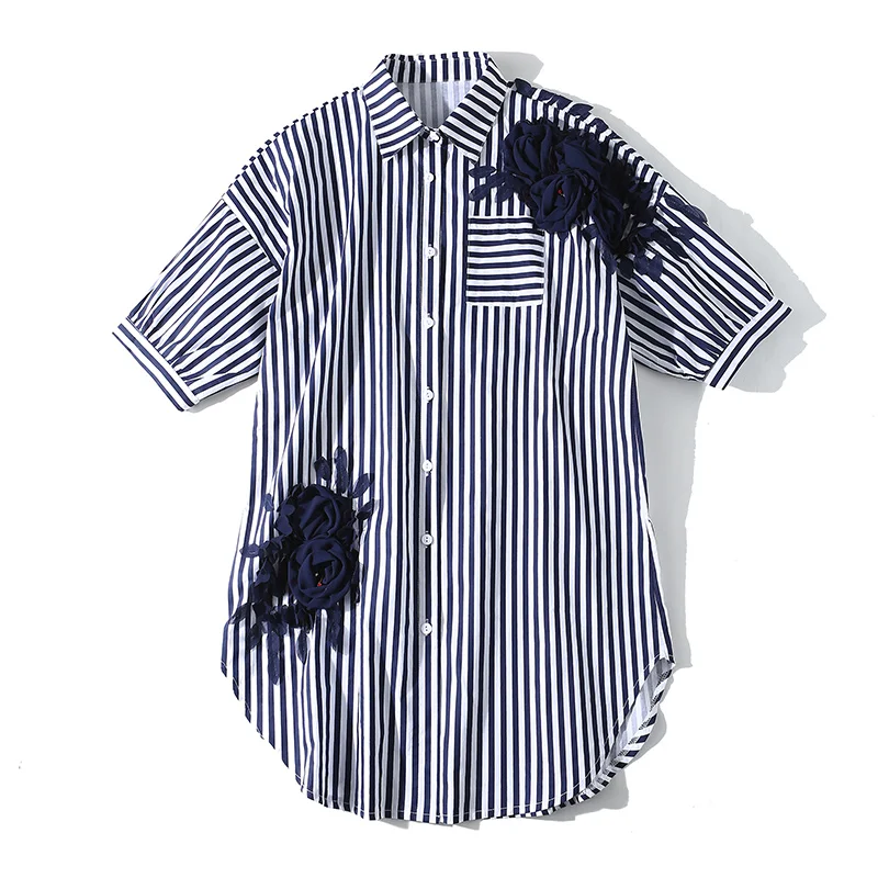 

Vogue Beading Floral Appliques Shirt Dress Women Turn Down Collar Short Sleeve Striped Blouse Female Fashion Loose Streetwear