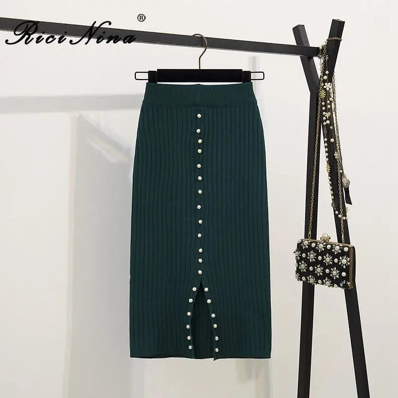 Dark green Skirt RICININA, вязаная юбка, женские юбки, Осень-зима, высокая талия, эластичные, Длинные пуговицы для юбки, одноцветная, с разрезом, элегантные, макси, Jupe Femme - Цвет: Dark green Skirt