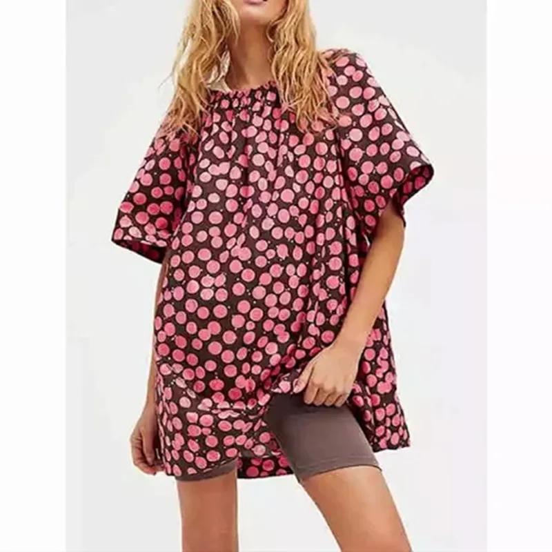 

Retro Polka Dot Print Women Mini Dress 2021 Spring Summer O-Neck Back Lace-up Backless Loose Short Shirt Dresses