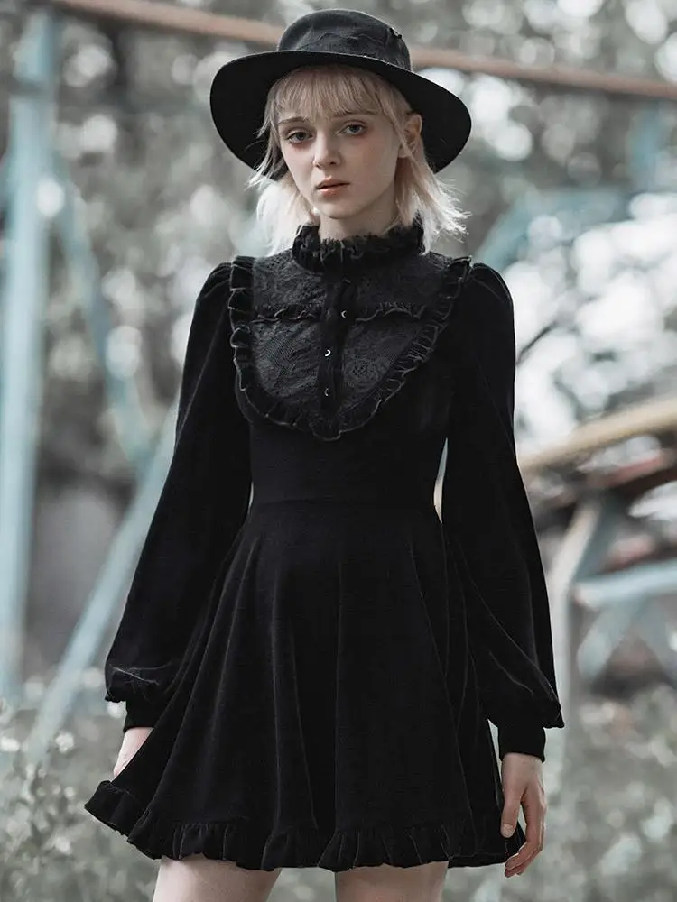 Панк рейв женские Кружева Раффлед Луна пуговицы фонари рукавами бархатные