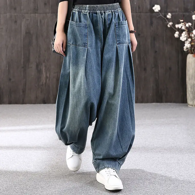 

New Baggy Jeans Women Denim Casual Cross Pants Female Vintage Retro Harem Pants Trousers Bloomers 2021 Mom Jeans Strass traf