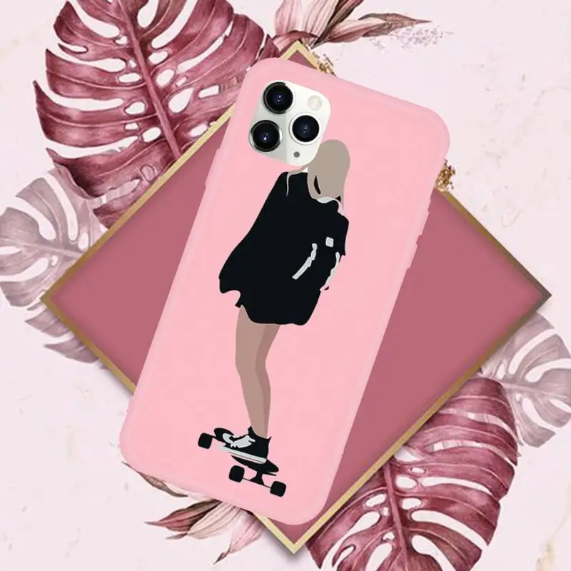 

Skateboard cartoon girl Phone Case Pink Candy Color for iPhone 11 12 mini pro XS MAX 8 7 6 6S Plus X SE 2020 XR
