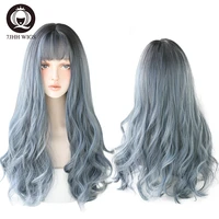 7jhh blue wavy synthetic wigs long omber corche hair with bangs for women heat resistant african american daily wear full wig
