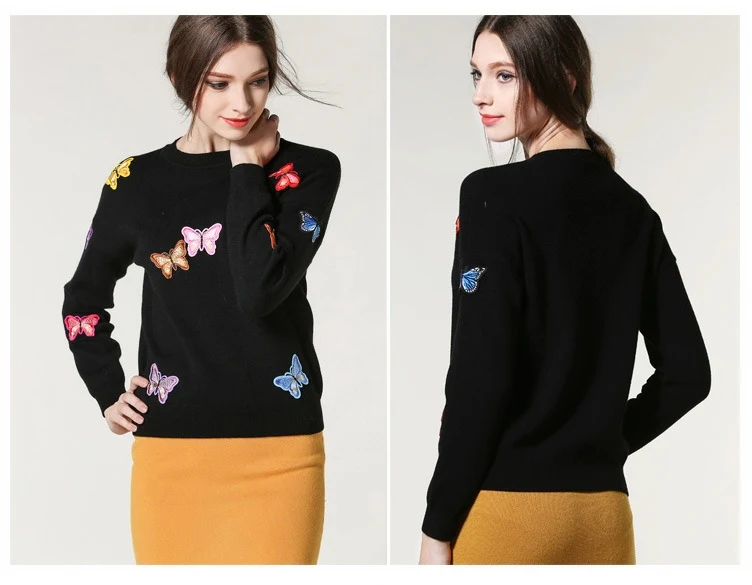 Korean Women Knitted Embroidered Pullover Sweater Women's Butterfly Flower Femme Tricot Pull Autumn sweater fem | Женская одежда