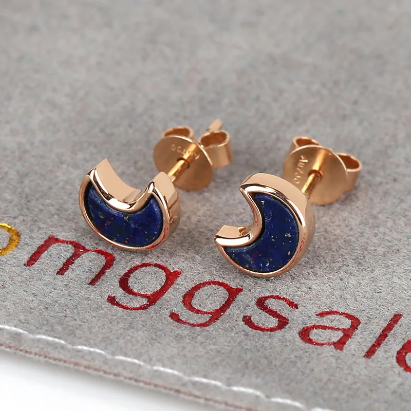 New Design！18k Gold Lapis Lazuli Moon Shape Earrings , Lapis Lazuli Earrings , 18k Gold Stud Earring, 14x7x6mm, 1.5g