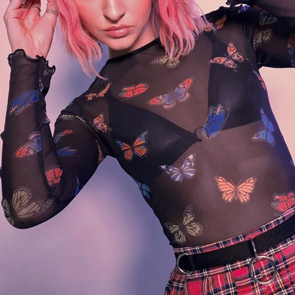 Женская летняя прозрачная сетчатая рубашка с принтом бабочки Модная приталенная