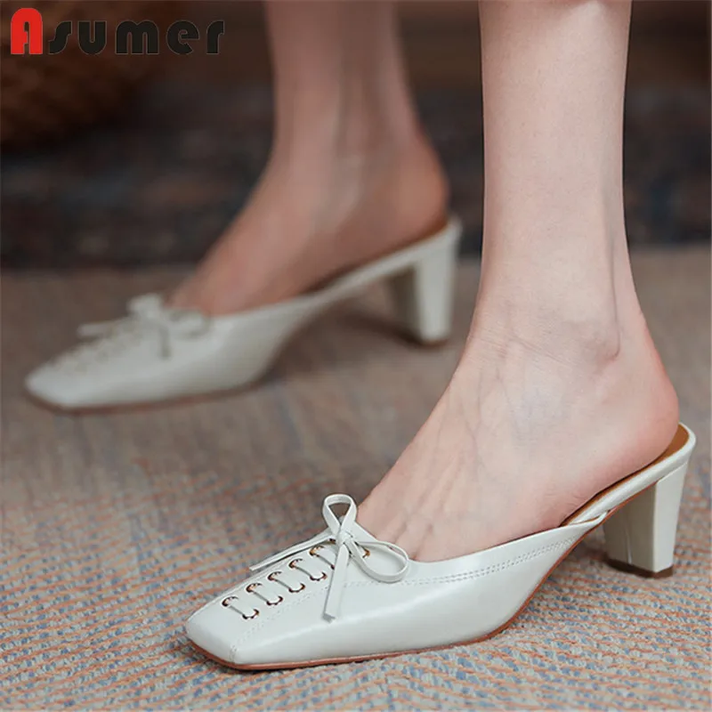 

Asumer 2021 New Arrive Genuine Leather Slipper Women Shoes Square Toe Cross Tied High Heels Slipper Summer Party Shoes Woman