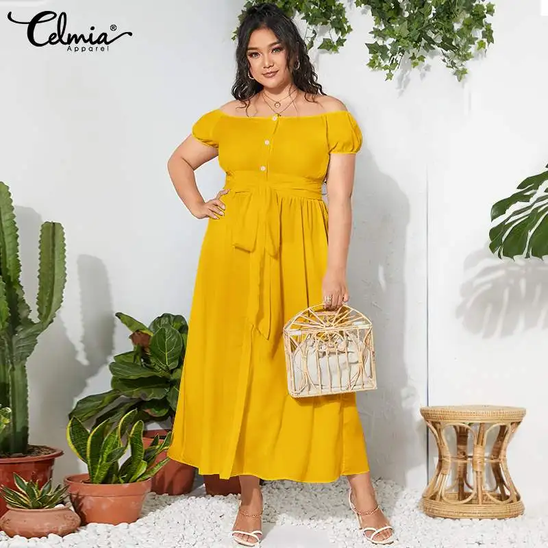

Plus Size Celmia Summer Women Maxi Dress 2021 Bohemian Sexy Off Shoulder Sundress Casual Solid Buttons Belted Split Long Vestido