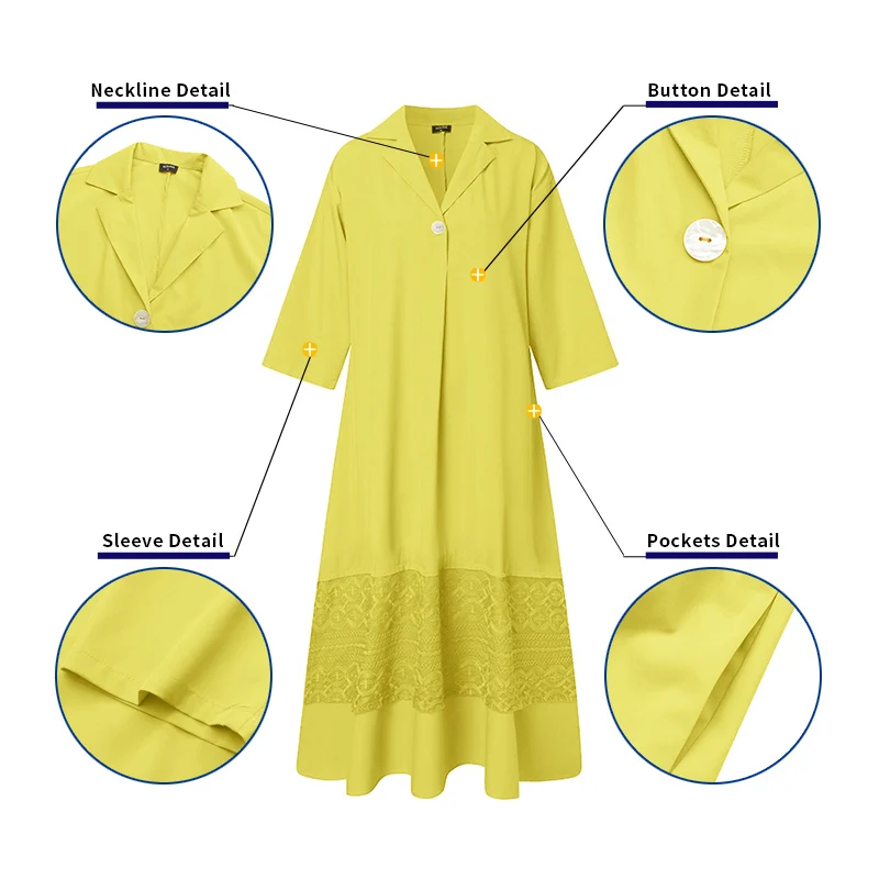 

Women Asymmetric Lace Dress Vintage Long Sleeve Lapel Collar Shirts Dress 2021 VONDA Casual Solid Sundress Plus Size Vestidos