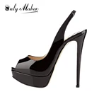 Onlymakerженские босоножки на высоком каблуке-шпильке с открытым носком; Черная вечерние кированная кожа; Вечернее платье с ремешком на щиколотке