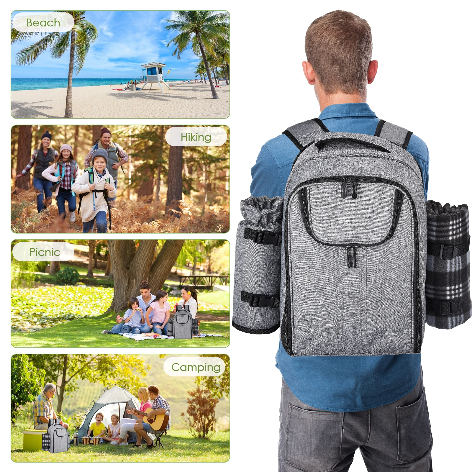 picnic backpack for 4 people grey picnic set including bottle holder and fleece blanket large cooler compartment waterproof free global shipping