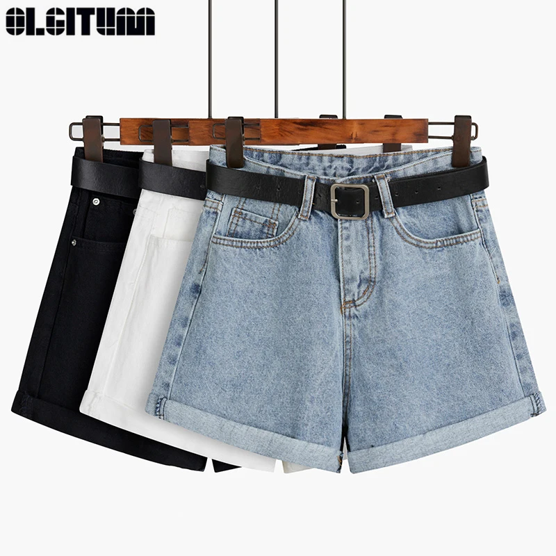 

Black Gray Denim Shorts With Belt Female Summer 2020 New High Waist Wide Leg Shorts Loose Slim Outside Wearing A-line Hot Shorts