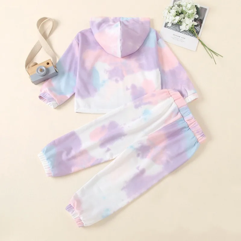 

2-8T Spring Autumn Hooded Long Sleeve Sweater Suit Kid Casual Clothing 2Pcs Cotton Fashion Color Print Sweater + Trousers