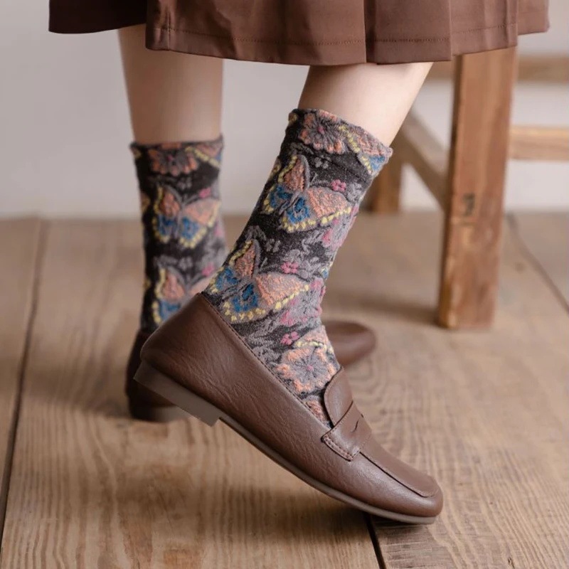 3Pair Gife For Women Winter Socks Cotton Print Folk-Custom Style   Long Socks Clothing Accessories Cute Vintage Skarpety Damskie