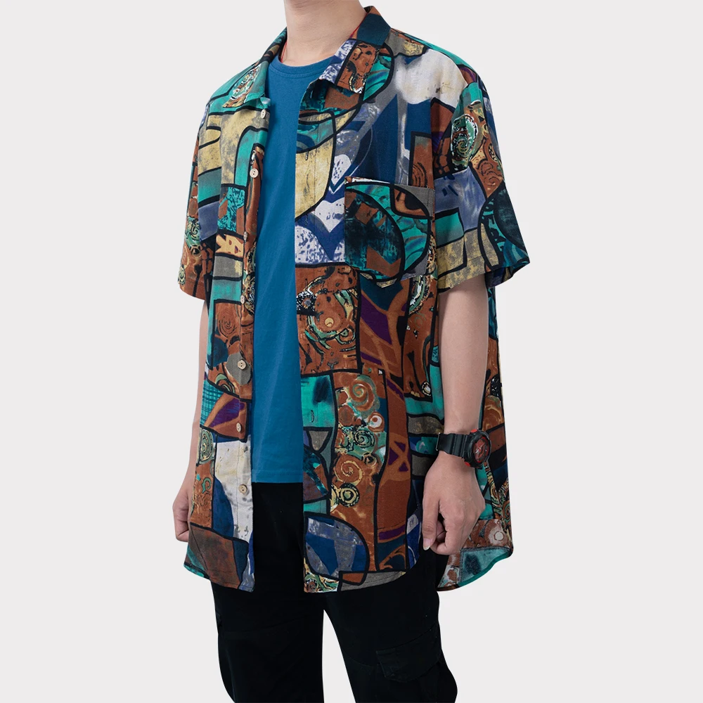 

Рубашка мужская с геометрическим рисунком, винтажная Повседневная Праздничная с отложным воротником, короткими рукавами, карманами, на пуг...