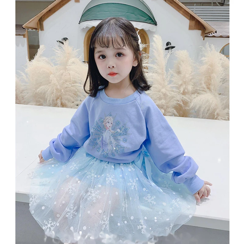 

Костюм принцессы Эльзы для девочек, повседневный комплект из 2 предметов, с юбкой и узором в виде снежинок и кружевной юбки, подарок на день рождения