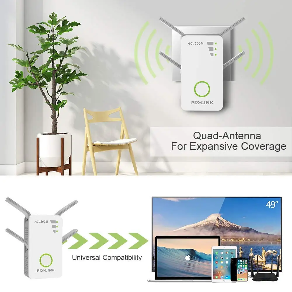 PIXLINK WiFi AC1200 маршрутизатор Wifi расширитель диапазона 1200 Мбит/с двухдиапазонный
