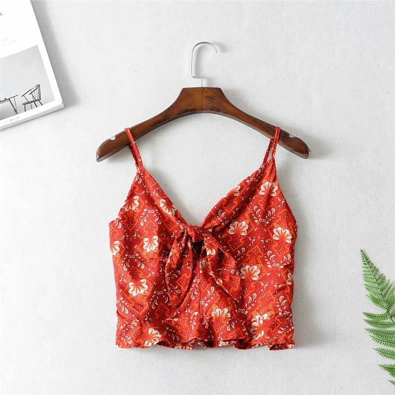 red 02 Винтажный шикарный модный цветочный принт женские короткие топы без рукавов, пляжный жилет в богемном стиле, Короткие топы с бантом и оборками - Цвет: red 02