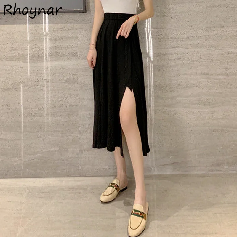

Skirts Women Side-slit Solid Bandage Leisure Stylish Popular High Waist Simple Summer All-match Korean Version Elegant Mid-calf