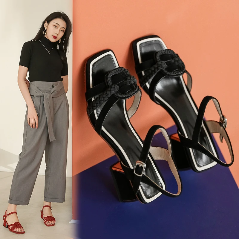 

Suede leather Women sandals Square Heel Genuine Leather Summer Shoes Woman Casual Shoes Size 34-42