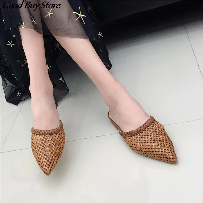 Соломенные тапочки на низком каблуке женские летние плетеные сандалии из рафии