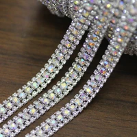 3 rows crystal ab rhinestone cup chain silver flatback sew on rhinestone trim for wedding dress shoes bags decoration