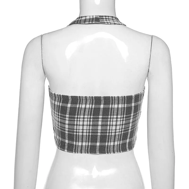 

Miss Thalia Punk Goth Halter Tops Women Striped Plaid Y2K Vintage 90s Aesthetic Crop Top U Neck Slim Button Rave E Girl Clothes