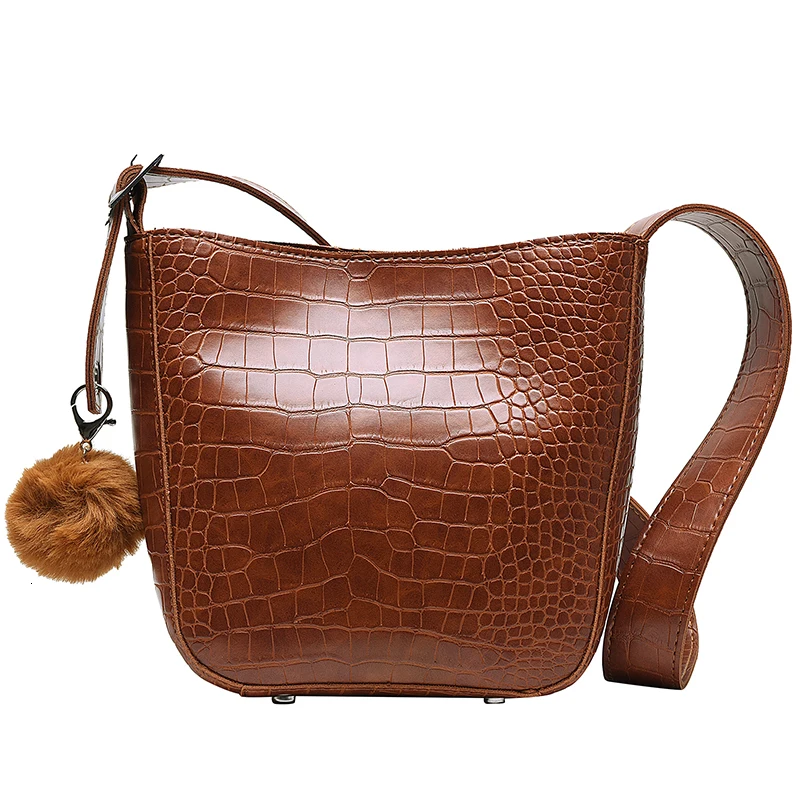 

Stone Pattern PU Leather Bucket Bags For Women Small Crossbody Shoulder Messenger Bag Hairball Handbags