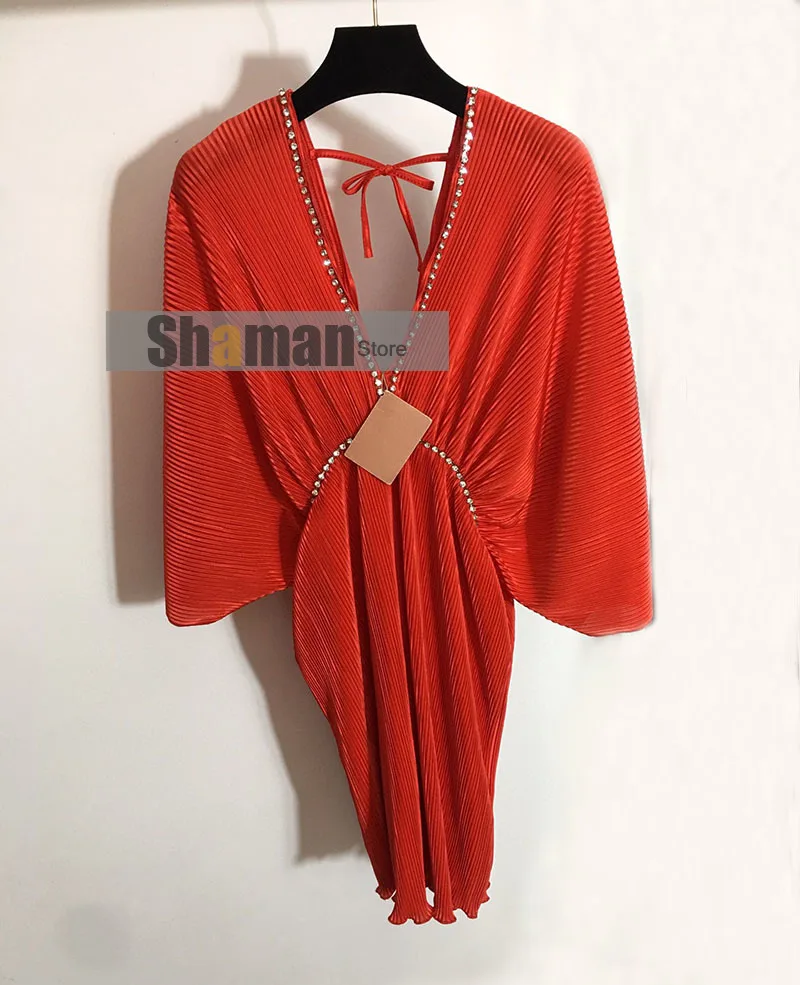 

Luxury designer branded vintage woman dresses Shining Diamond Strip deep V-neck Backless batwing Sleeve draped mini party Dress