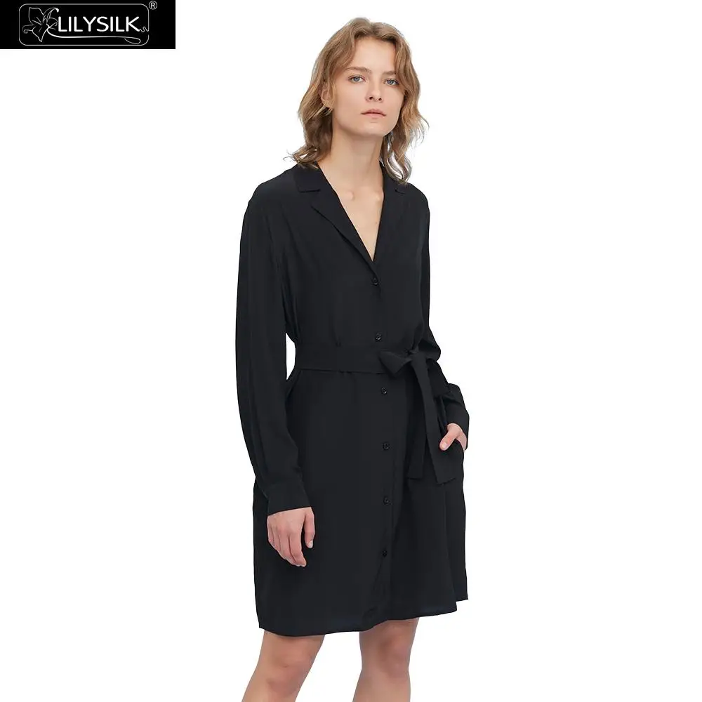 LilySilk шелковое платье-рубашка с отложным воротником и поясом для женщин новинка