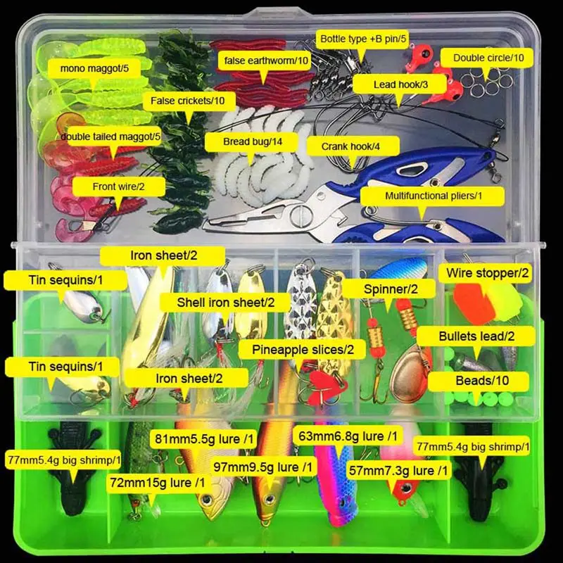 101pcs Lure Kit Set Spinner Crankbait Minnow Popper VIB Paillette Soft Hard Spoon Crank Baits Fishing Hooks Plier Stosh Pesca | Спорт и