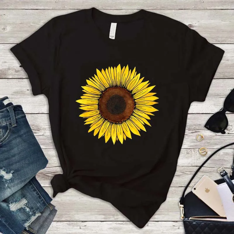 

Golden Sunflower Print Women T Shirt Short Sleeve O Neck Women Tshirt Loose Cotton Tee Shirt Femme Tops Clothes Camisetas Mujer