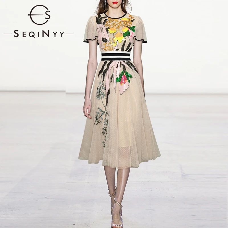 

Женское Сетчатое платье с вышивкой SEQINYY, летнее подиумное повседневное облегающее платье-трапеция средней длины с рукавами-бабочками, цвет...