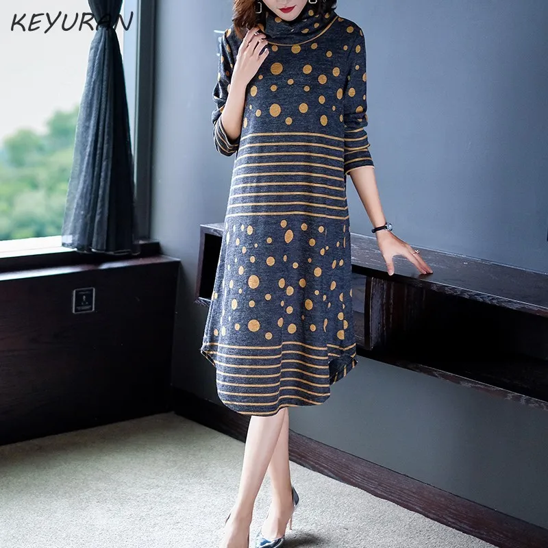 Осенне зимнее новое женское длинное платье свитер в полоску и горошек свободный