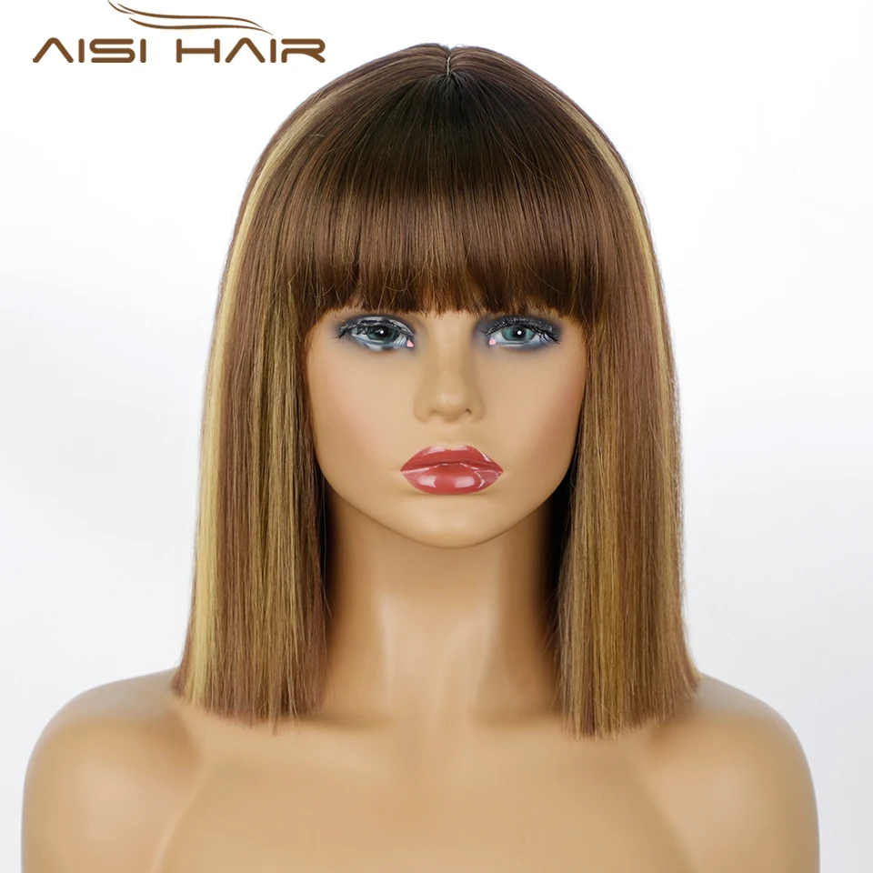 Aisi Hair Highlight Straight Short Bob Wig with Bangs Synthetic Wig for Black Women Daily Wear Wig spiffy straight side bang capless vogue ash black short synthetic wig for elder women