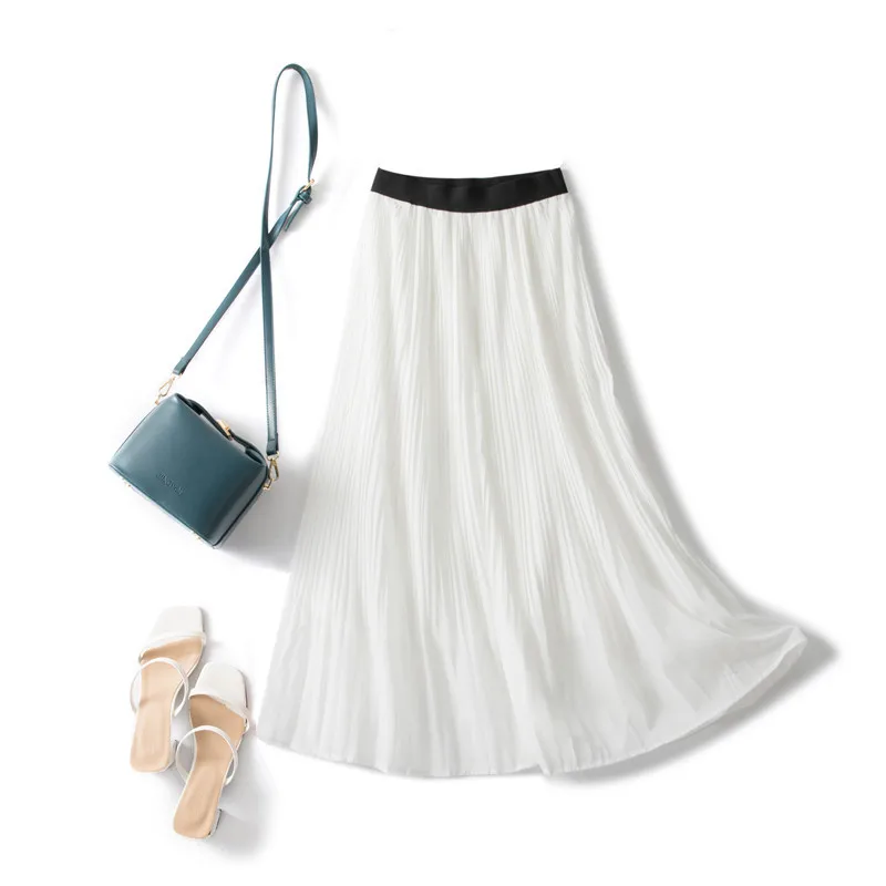 

Spring Summer New korean Style skirt women 2020 womens High Waist Slimming Midi Solid Color casual Simple Pleated Chiffon Skirt