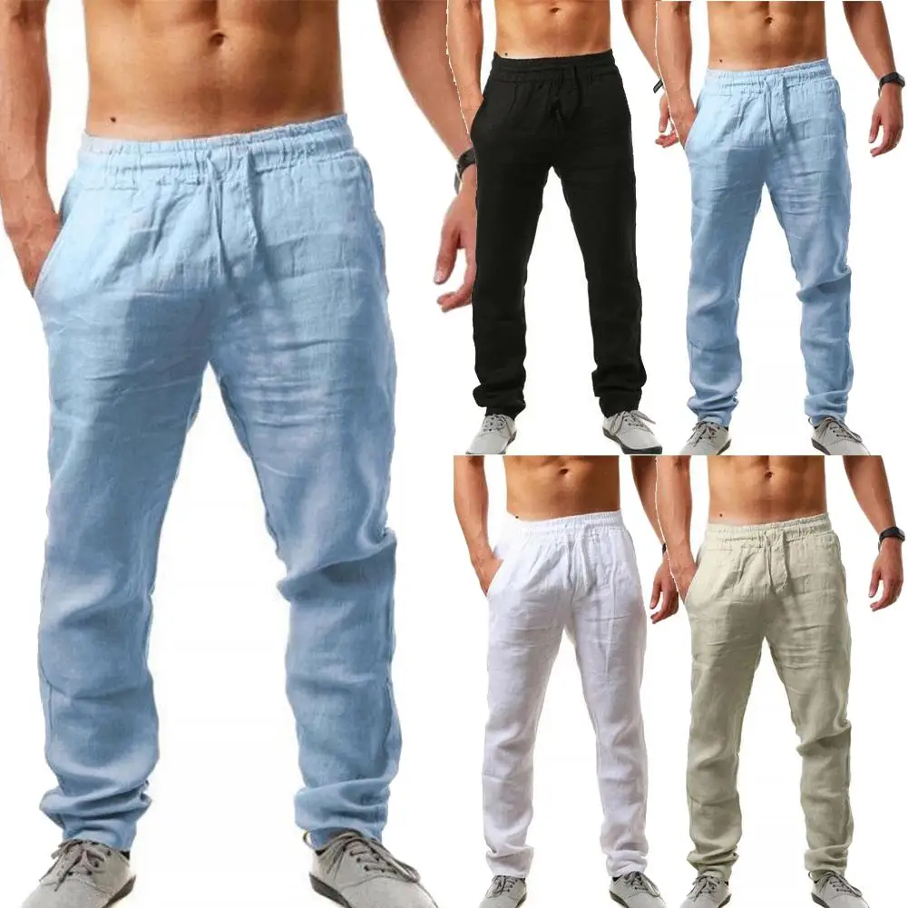 

MISSKY Men Pants Solid Color Cotton Linen Trousers Casual Breathable Sports Pants for Adults Male Trousers For Summer Spring