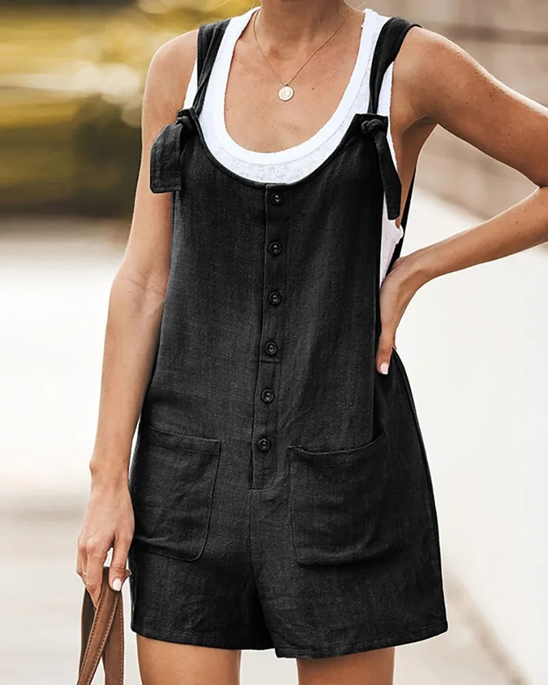 

2020 New Fashion Women Cotton Linen Button Jumpsuit Romper Summer Solid Casual Loose Pocket Playsuits Short Trousers Overalls